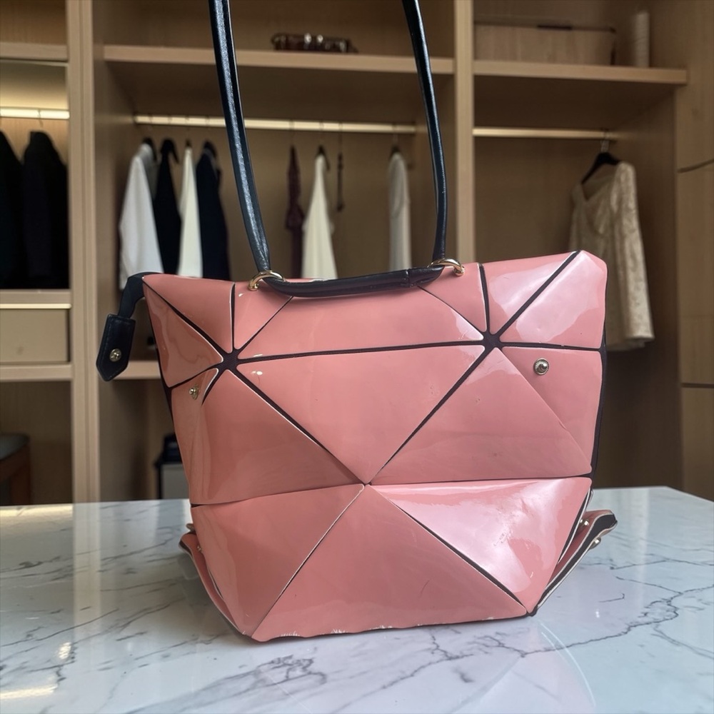 BAO BAO ISSEY MIYAKE Pink Geometric Patent Tote with Black Straps